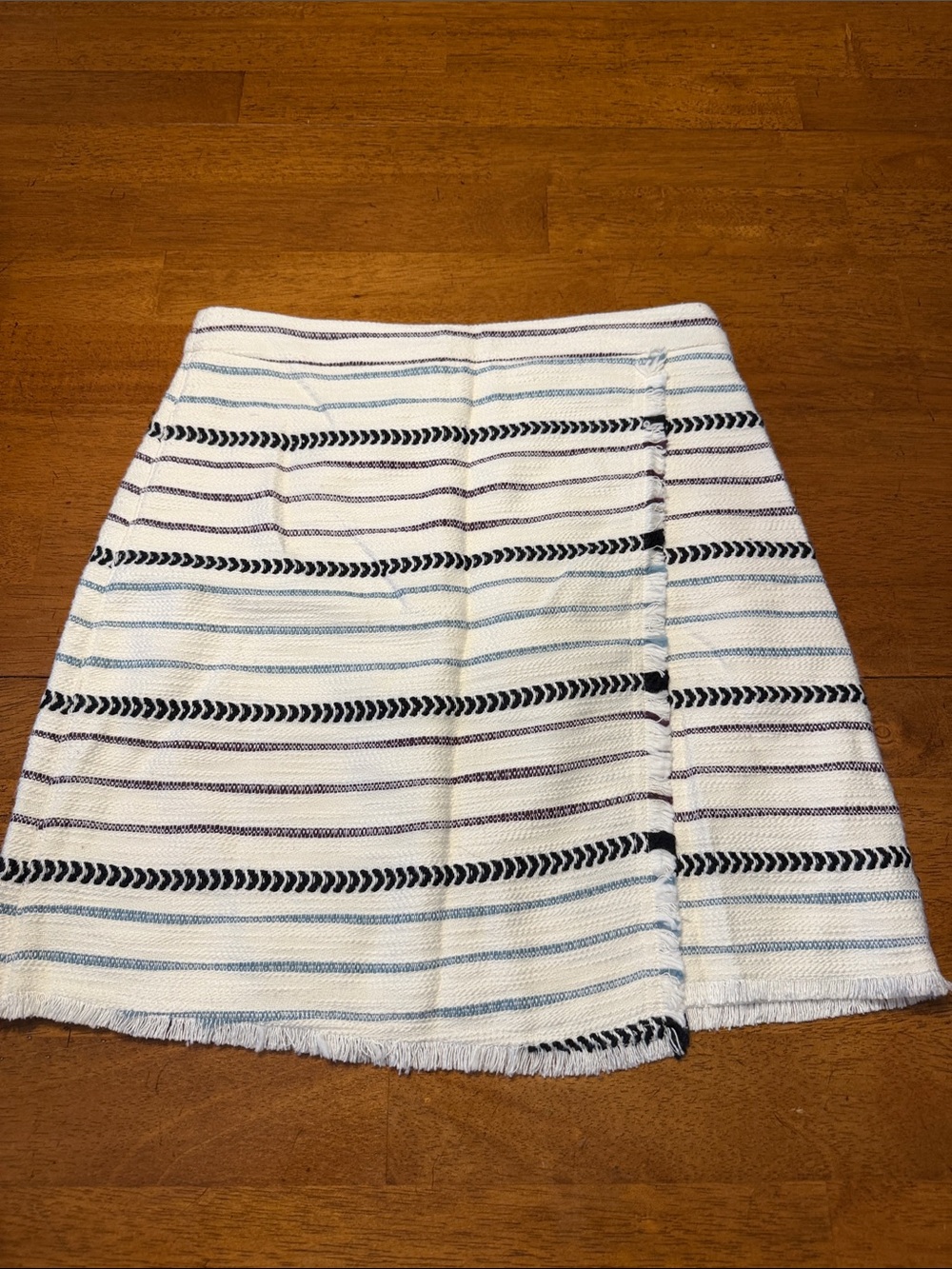 LOFT White A-Line Skirt with Navy and Light Blue Stripes